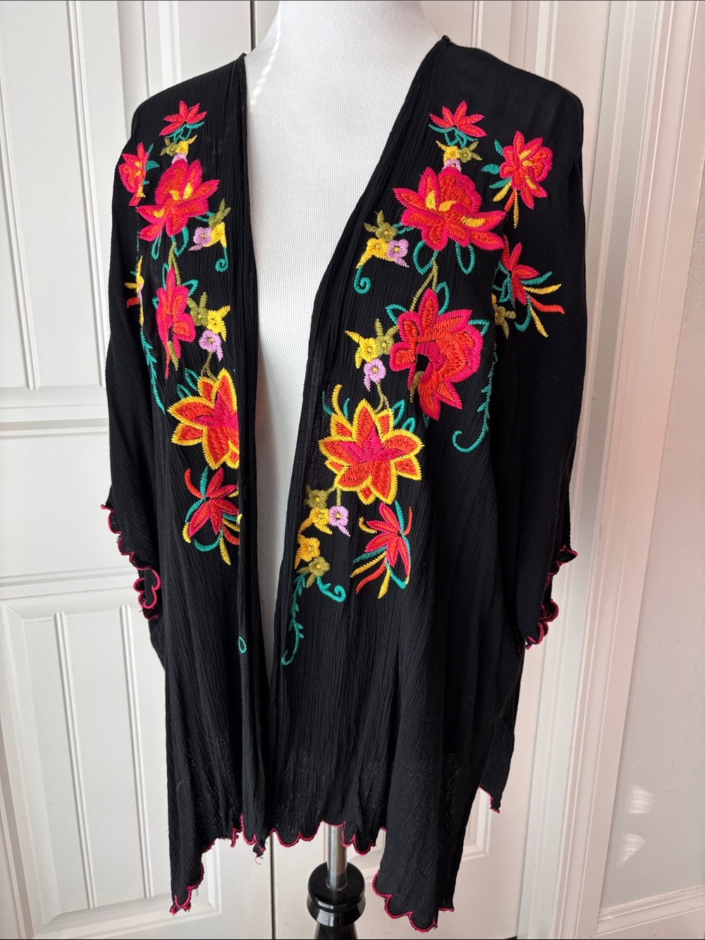 Umgee Black Open-Front Jacket with Bright Floral Embroidery